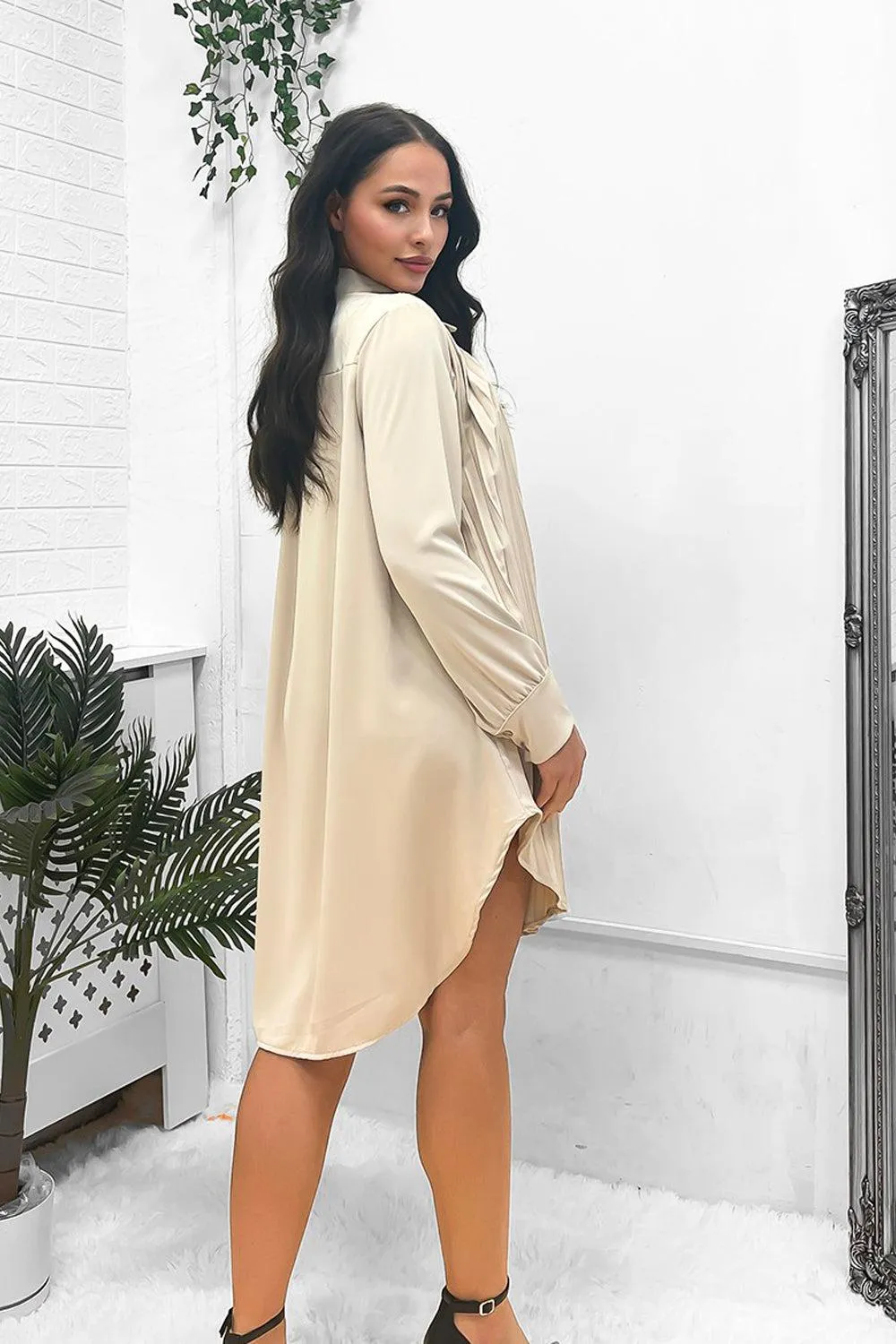 Satin Finish Pleated Shirt Dress