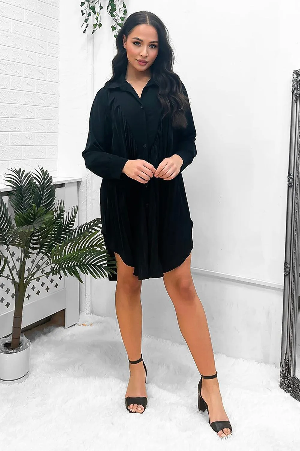 Satin Finish Pleated Shirt Dress