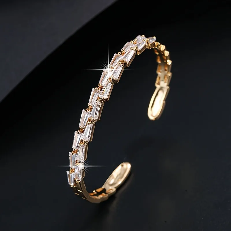 Shiny Bangle Bracelet Inlay Two Rows Tiny Geometry Shaped White Zircon Very Practical And Popular Sweet Jewelry For Women & Girls