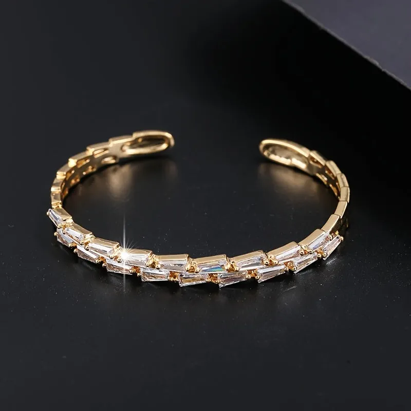 Shiny Bangle Bracelet Inlay Two Rows Tiny Geometry Shaped White Zircon Very Practical And Popular Sweet Jewelry For Women & Girls