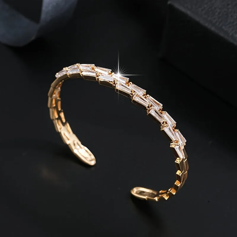 Shiny Bangle Bracelet Inlay Two Rows Tiny Geometry Shaped White Zircon Very Practical And Popular Sweet Jewelry For Women & Girls