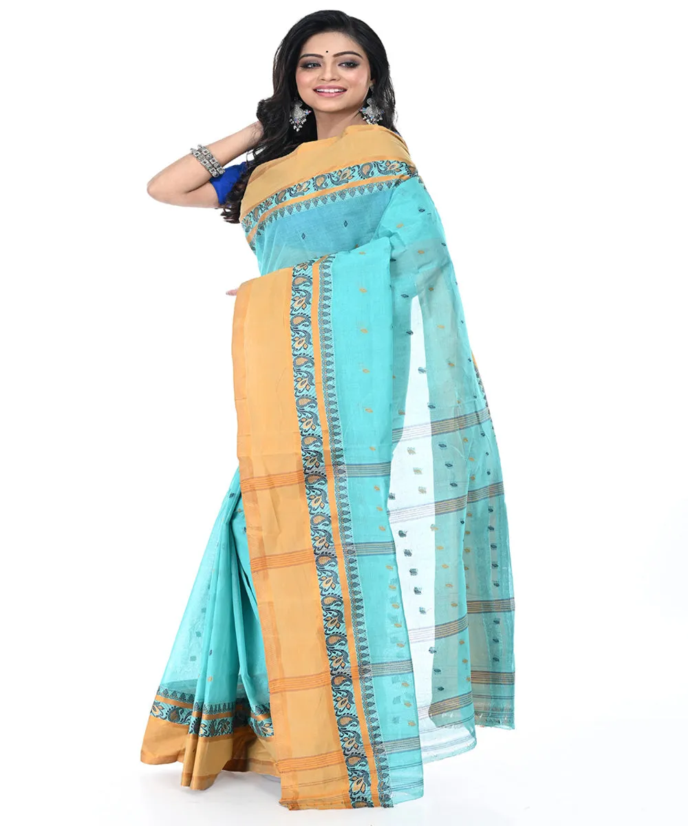 Sky blue brown cotton tangail handwoven saree