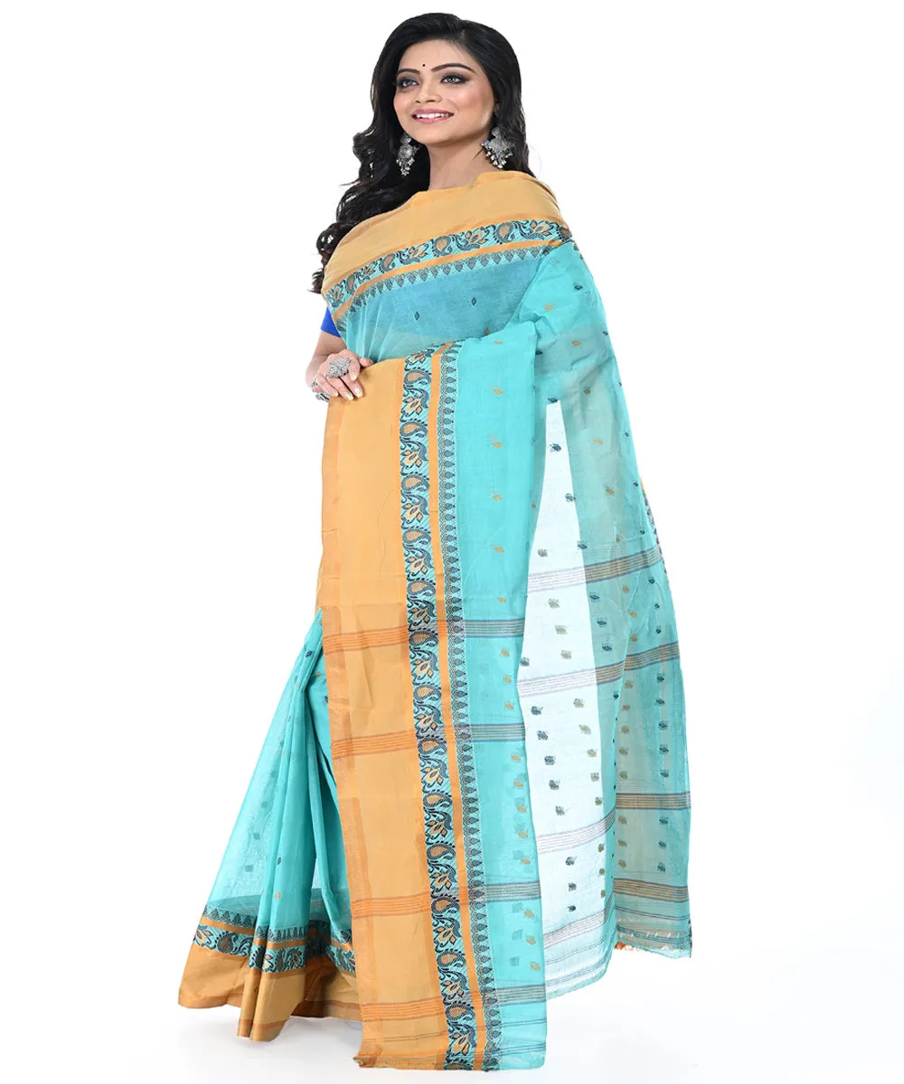 Sky blue brown cotton tangail handwoven saree