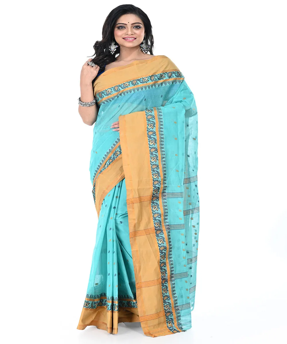 Sky blue brown cotton tangail handwoven saree