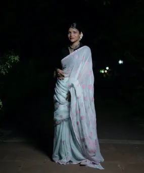 Sky blue pink cotton hand embroidered chikankari saree