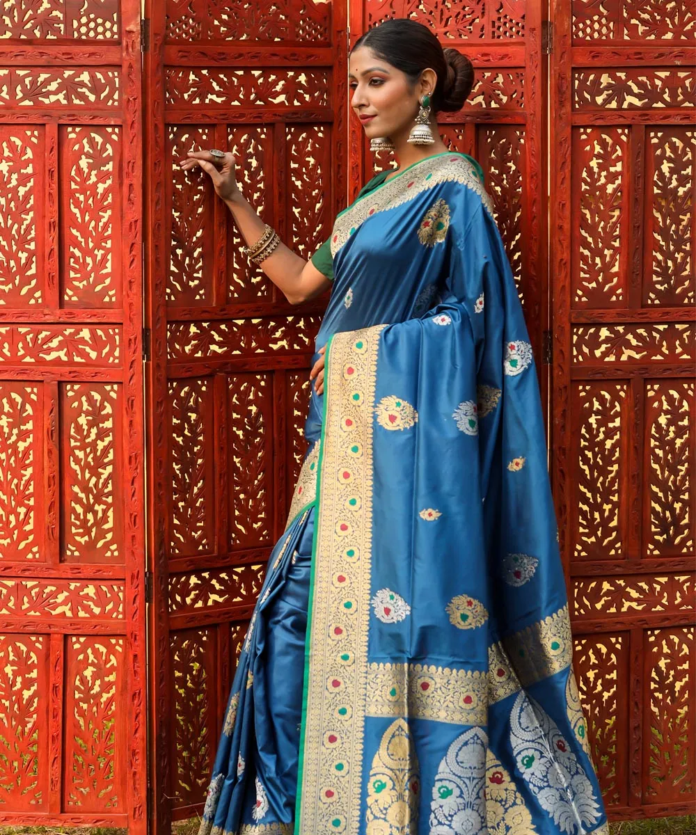 Teal blue silk handwoven banarasi saree