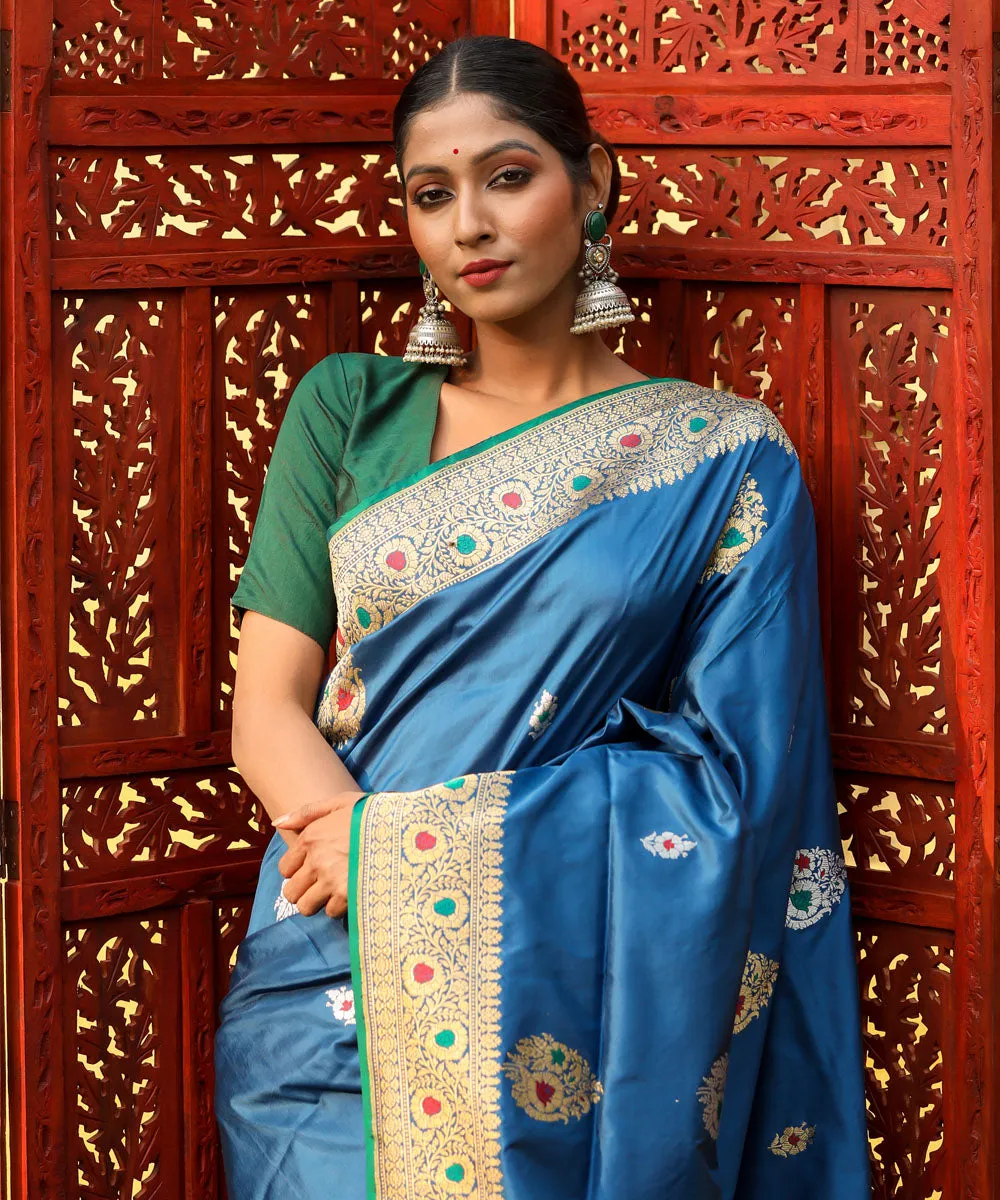 Teal blue silk handwoven banarasi saree