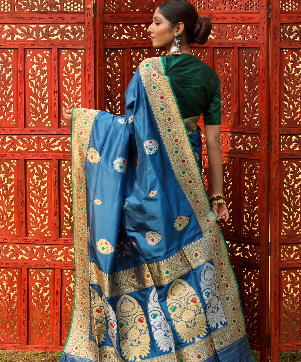 Teal blue silk handwoven banarasi saree