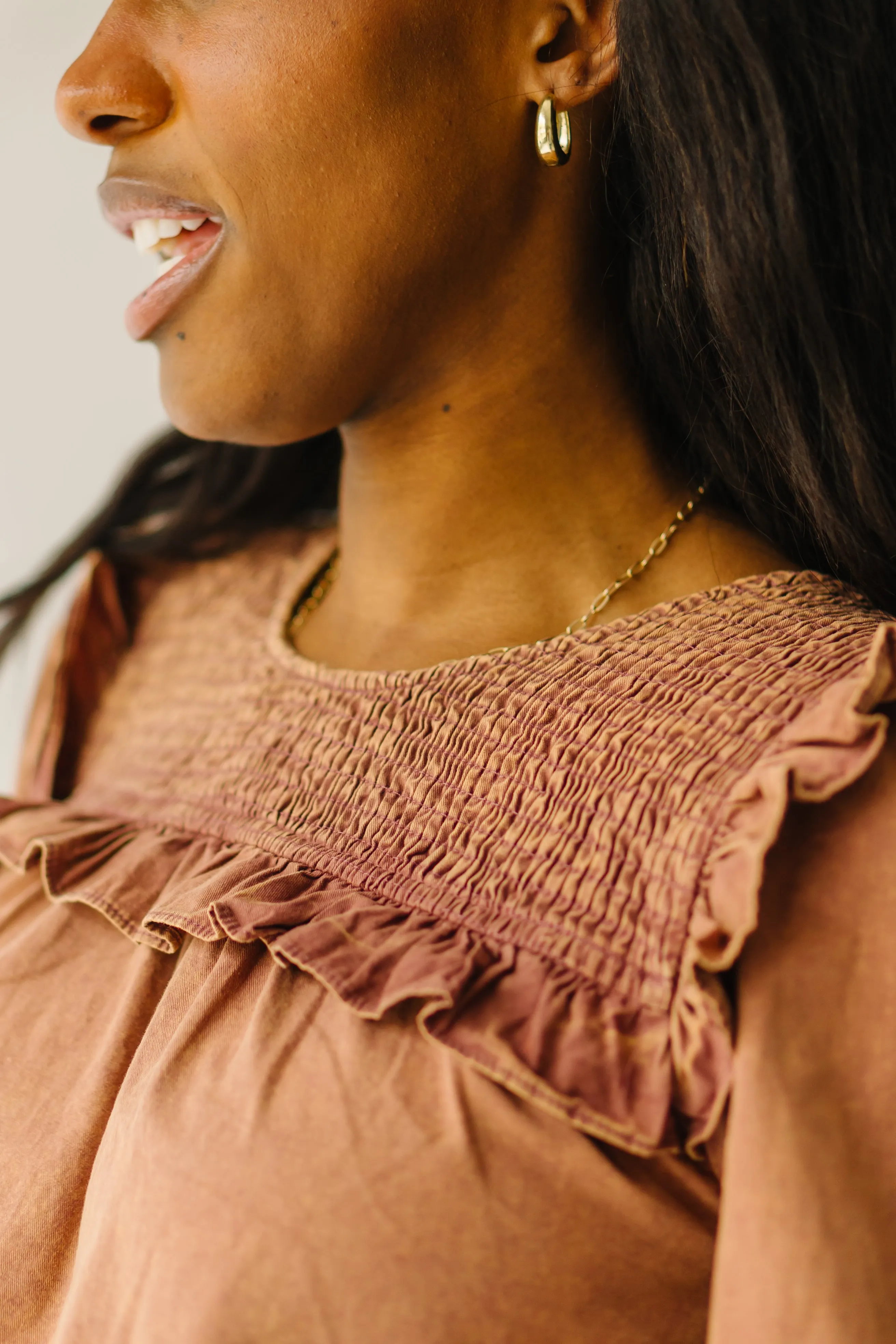 The Kalani Smocked Detail Blouse in Terracotta