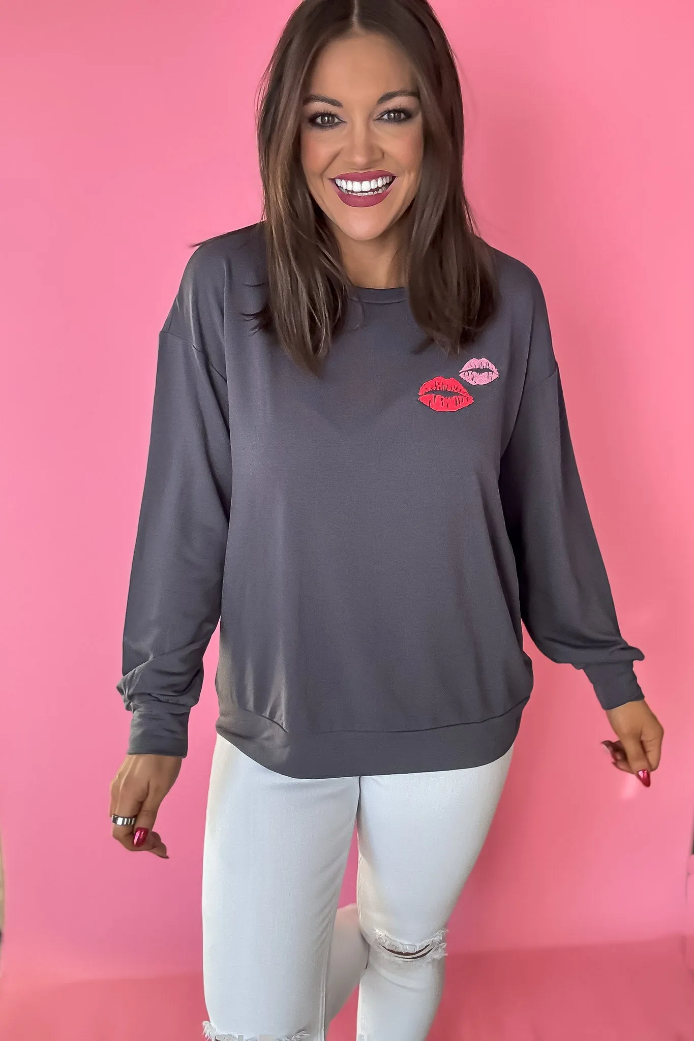 Valentine's Embroidery Lips Sweatshirt