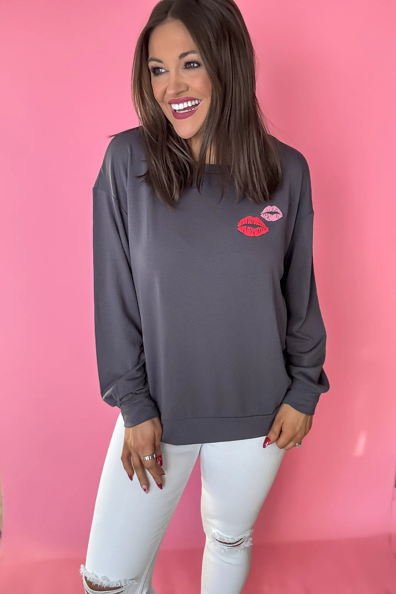 Valentine's Embroidery Lips Sweatshirt