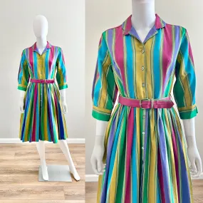 Vintage 1950’s Striped Fit and Flare Dress / 50s retro shirt dress / Size XS S