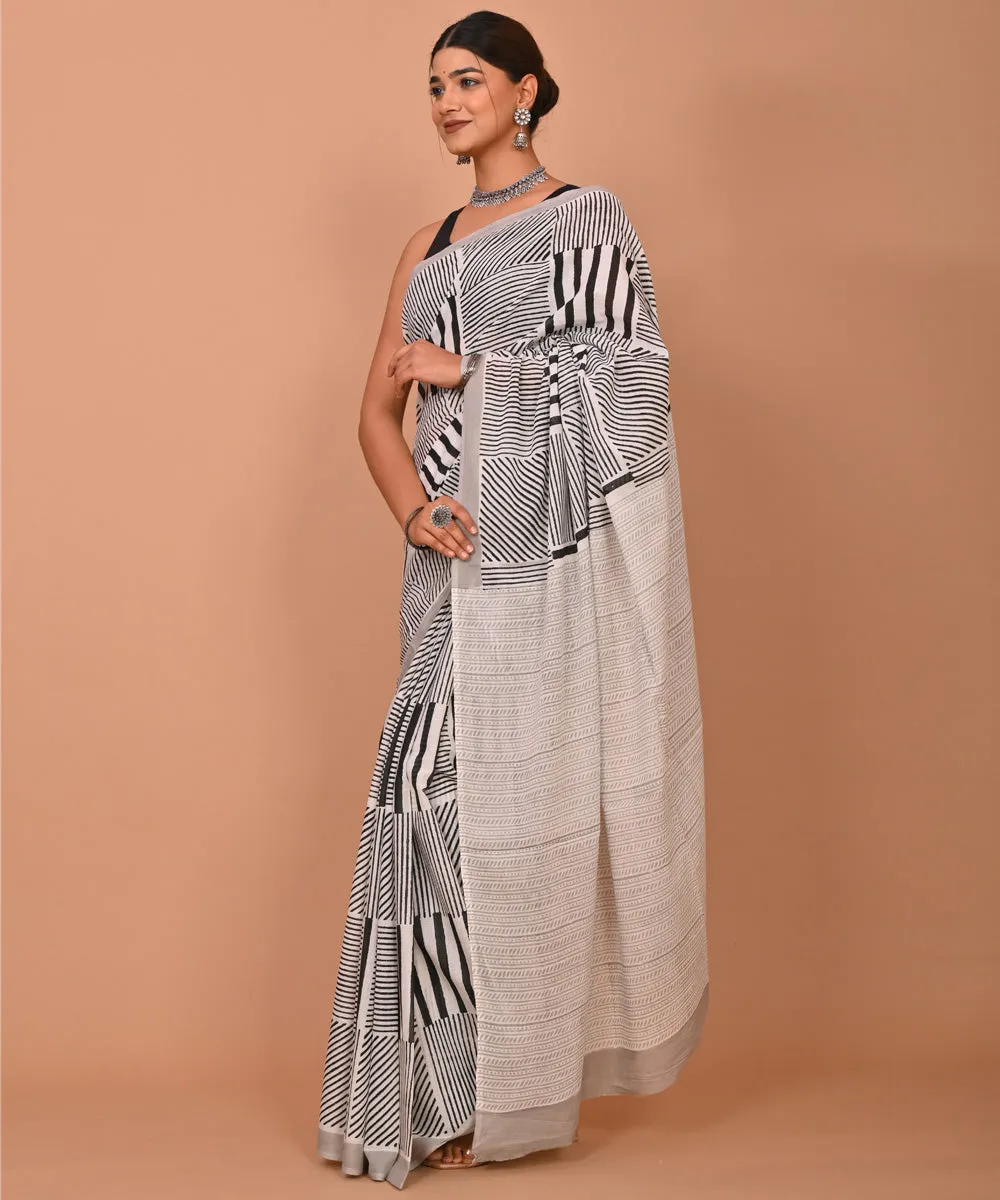 White black hand printed bagru cotton saree