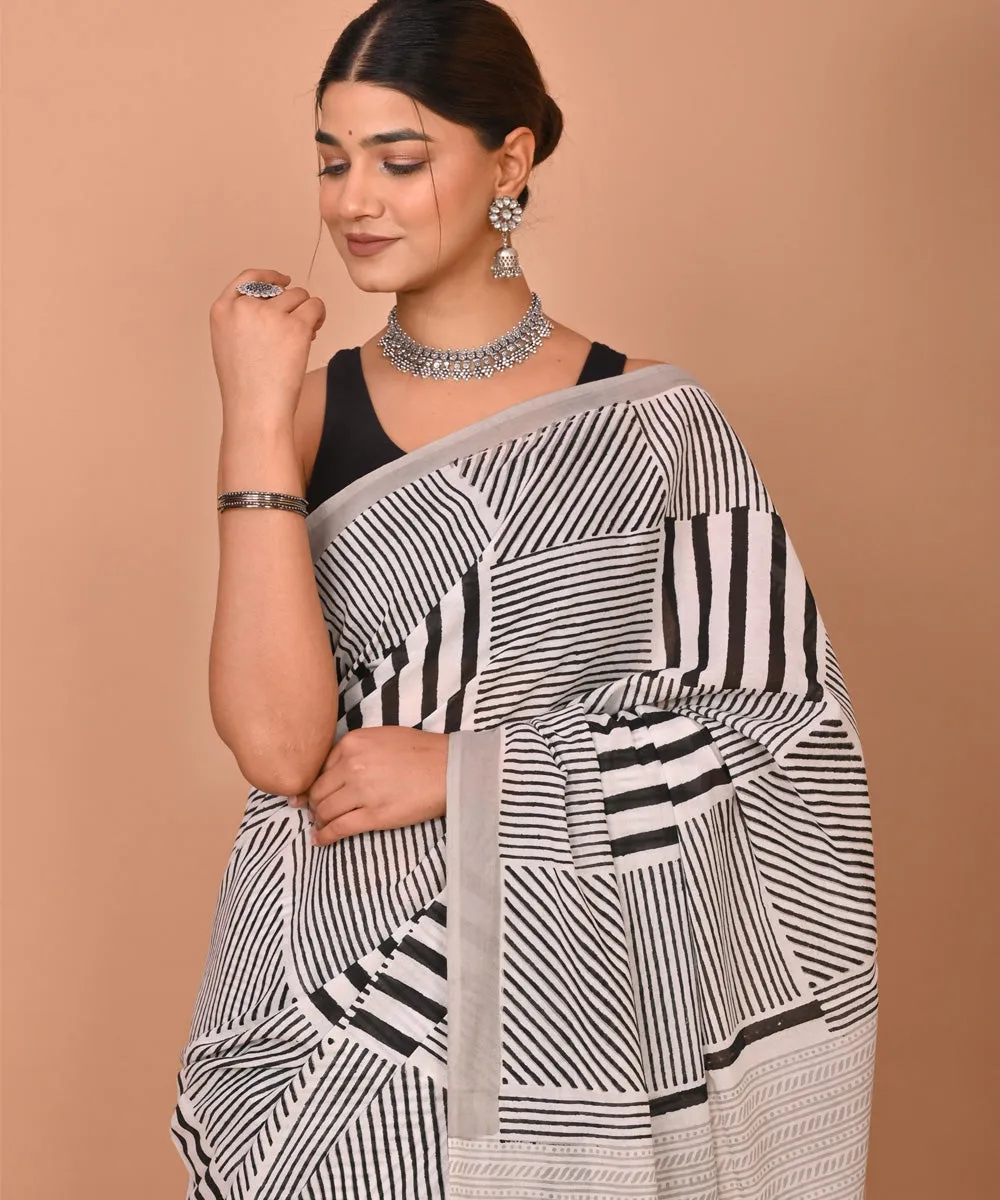 White black hand printed bagru cotton saree