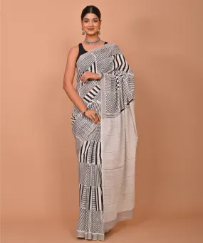 White black hand printed bagru cotton saree