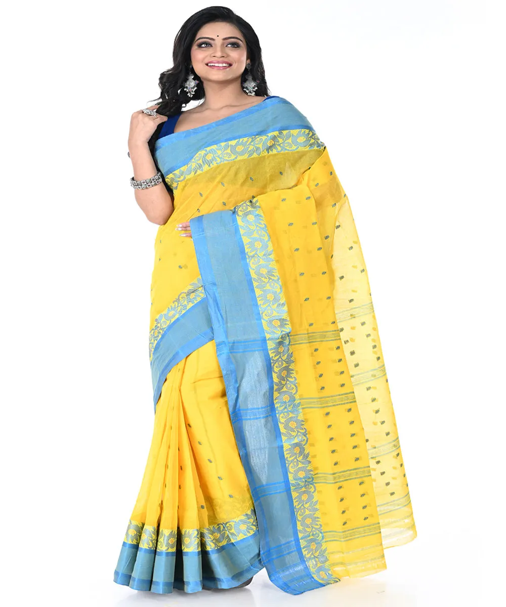 Yellow cyan blue handwoven cotton tangail saree