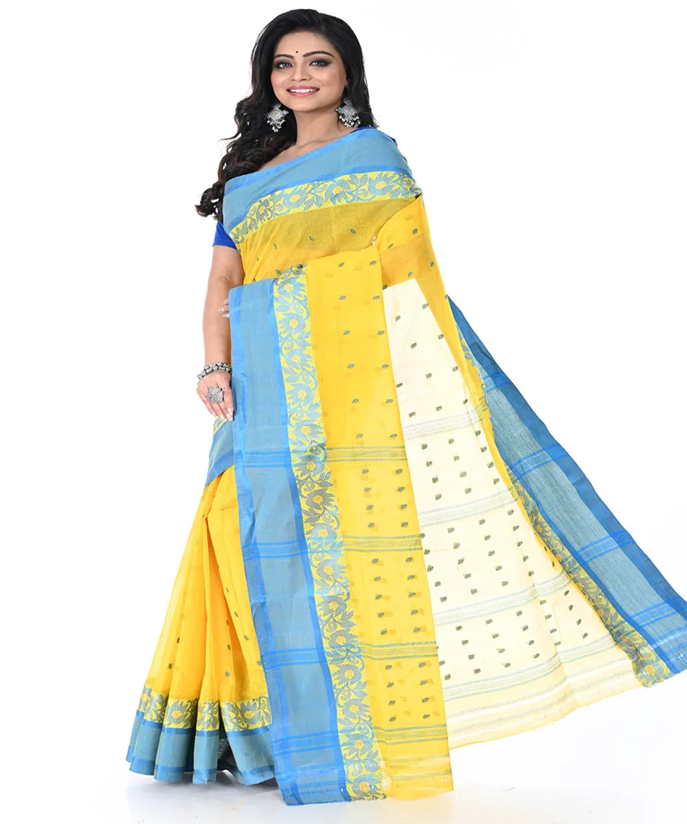 Yellow cyan blue handwoven cotton tangail saree