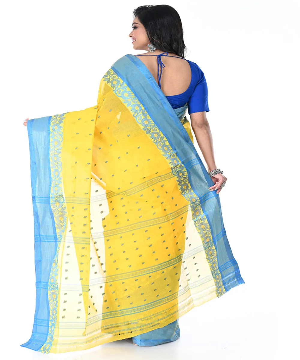 Yellow cyan blue handwoven cotton tangail saree