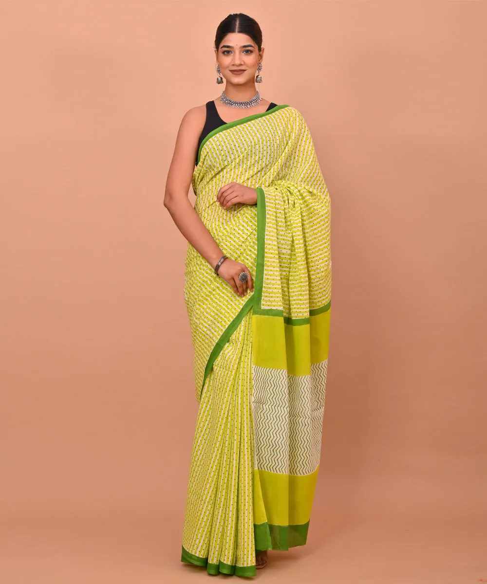 Yellow green cotton hand printed bagru saree