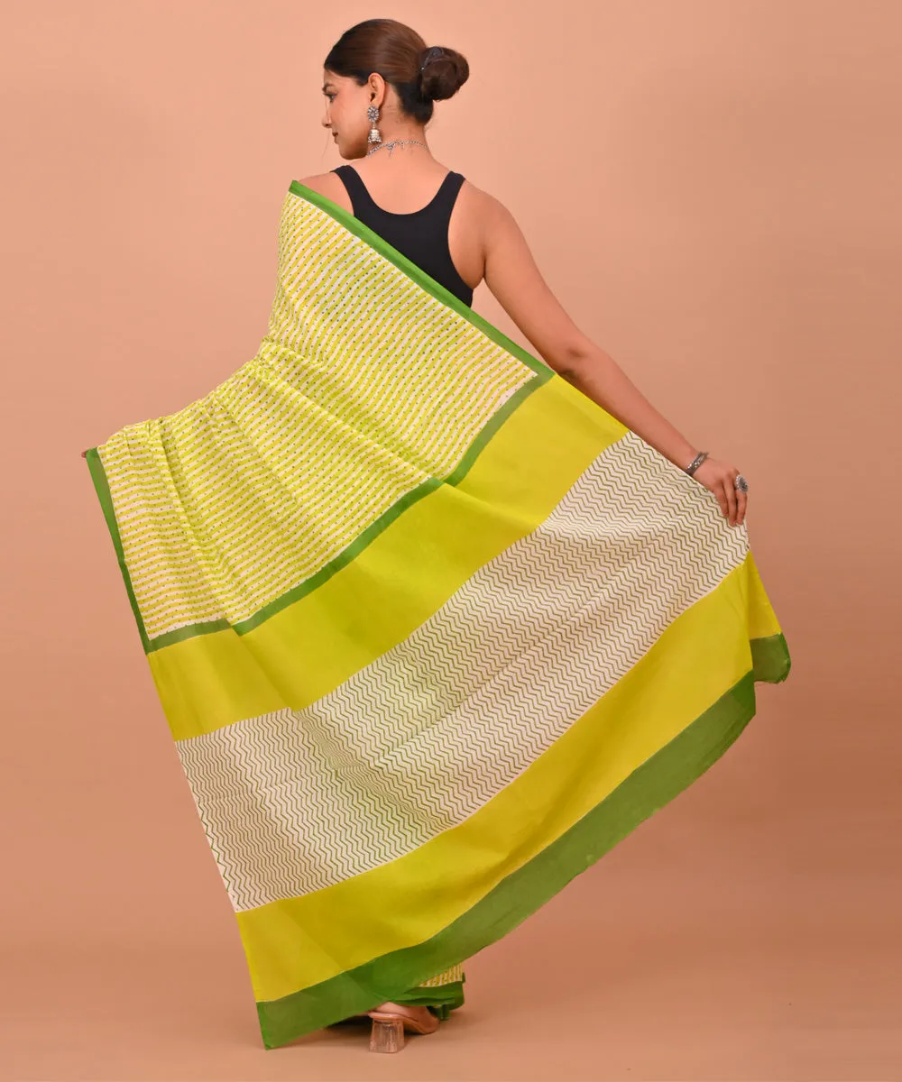 Yellow green cotton hand printed bagru saree