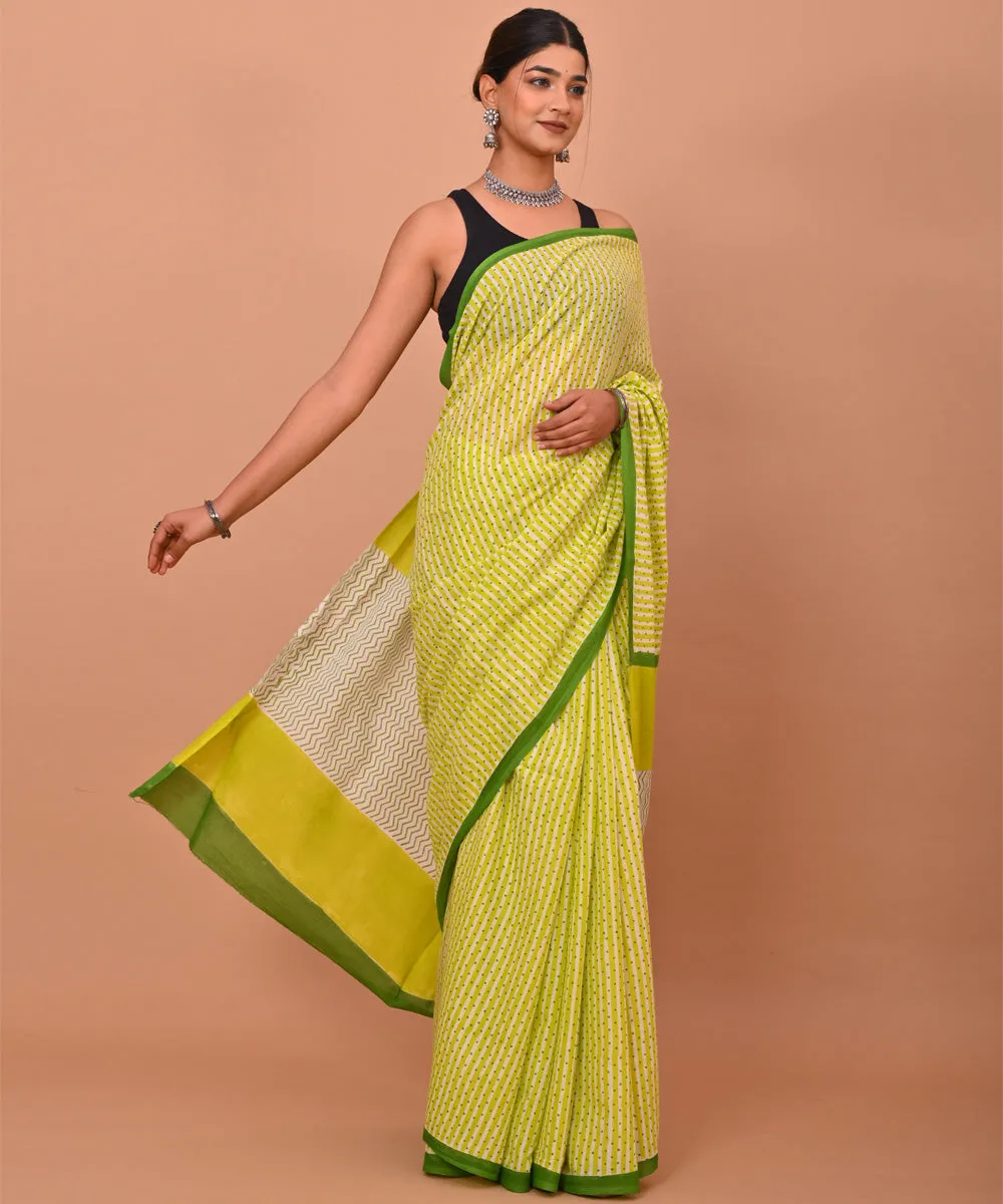 Yellow green cotton hand printed bagru saree