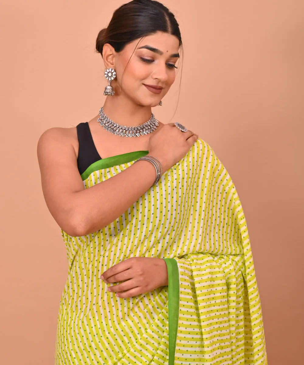 Yellow green cotton hand printed bagru saree