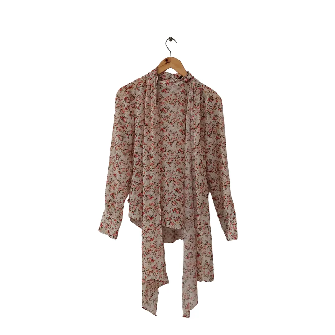 ZARA Beige Floral Printed Neck-tie Blouse | Like New |